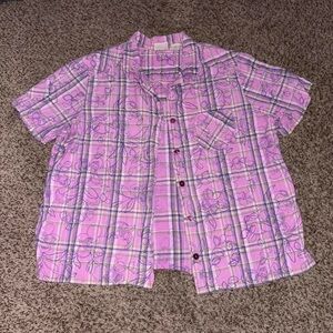 Pink and purple whimsical floral vintage button-up shirt